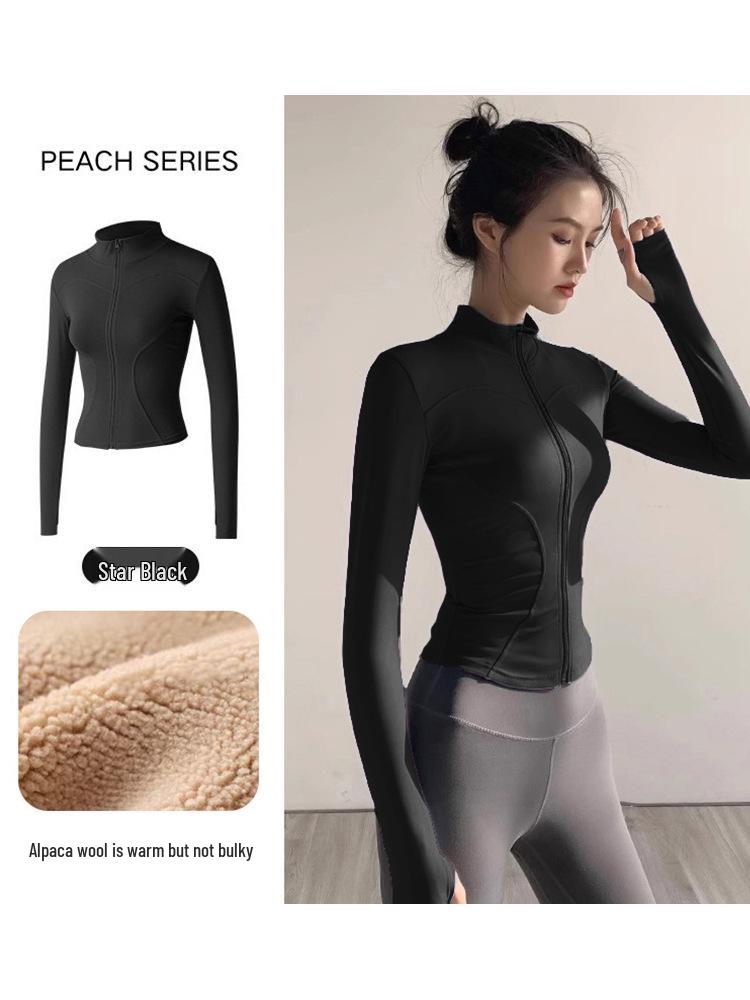Women's Plush Slim Fit Zipper Yoga Jacket - Thickened, Elastic Long Sleeve, Stand Collar, Warm Autumn & Winter Top