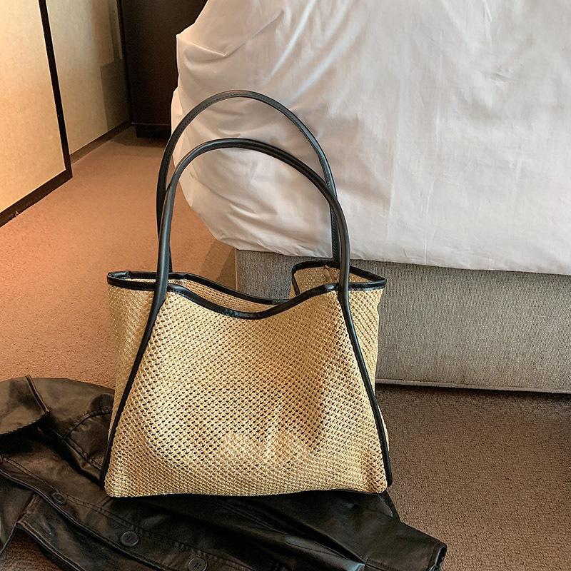 

Large Capacity Beach Hollow Composite Tote Solid Color Leather Small Pouch Straw Woven Shoulder Bag Lightweight Polyester KTB 40x13x30cm чёрный