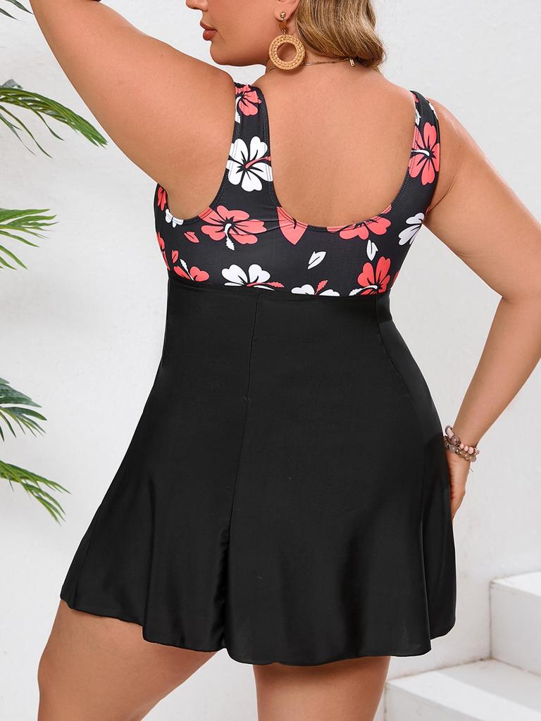 2026 Damen Blumenmuster Schwarz Rückenfrei Schlankmachend Übergröße Badeanzug mit Schlitz