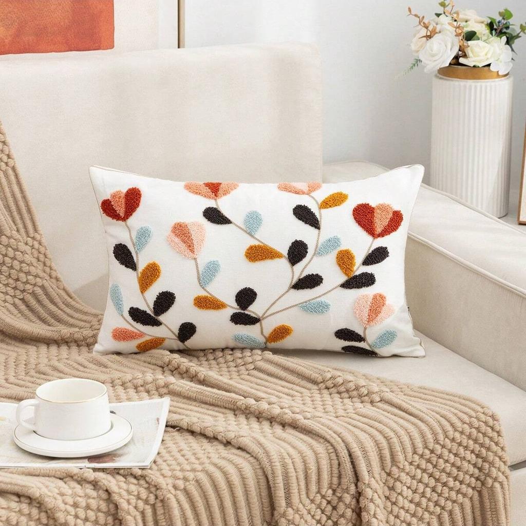 Flower Pillow Cover Towel Embroidered Pastoral Style Sofa Pillow Core-Free Bedside Cushion Office Waist Pillow Cover
