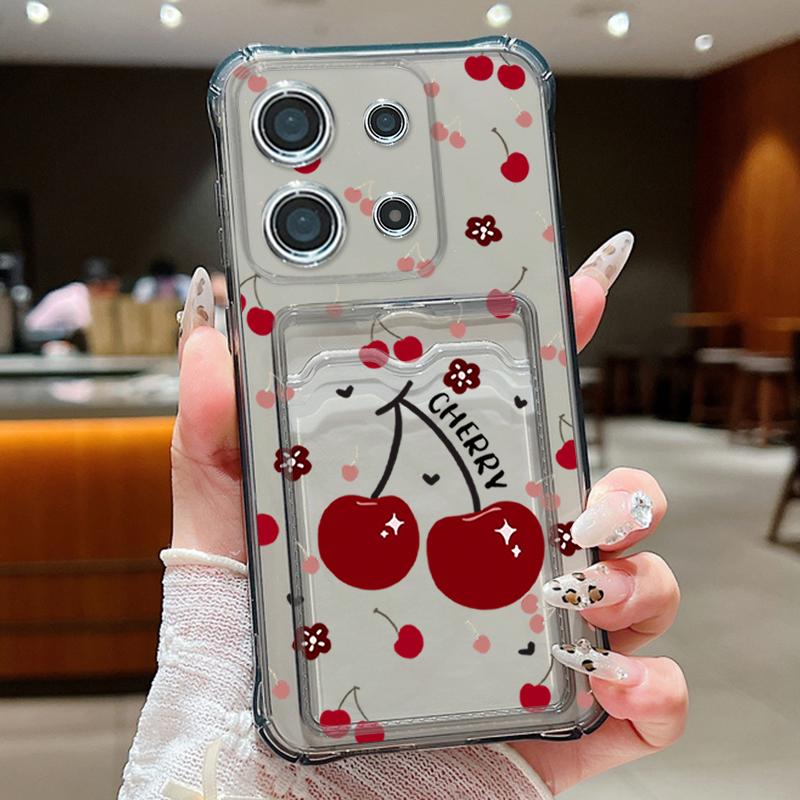 Cherry Pattern Soft Silicone Slim Phone Case For Xiaomi 14T 13T Pro Poco F6 X6 Pro C65 Redmi Note 13 12 Pro 11 Shockproof Clear Card Slot Back Cover