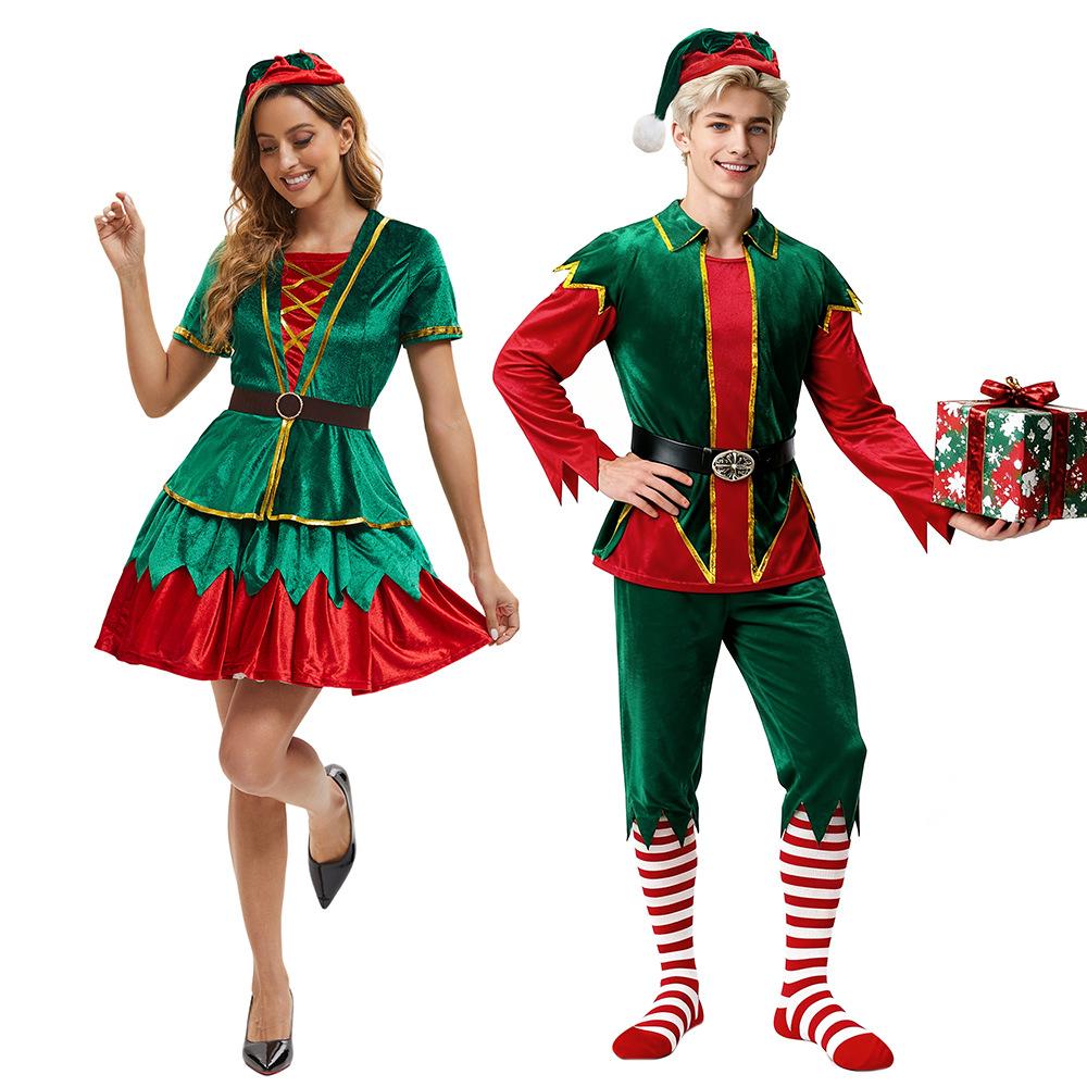 2026 Christmas Costume Green Christmas Dress Male and Female Adult Couple Stage Performance Costume