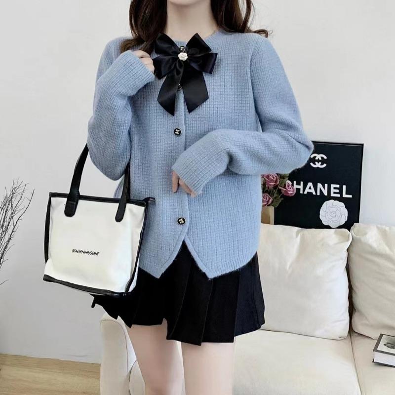 Spring and Autumn New Sweet Casual Design Jacket Women's Bow Crew Neck Fashion Knitted Cardigan Sweater Women's