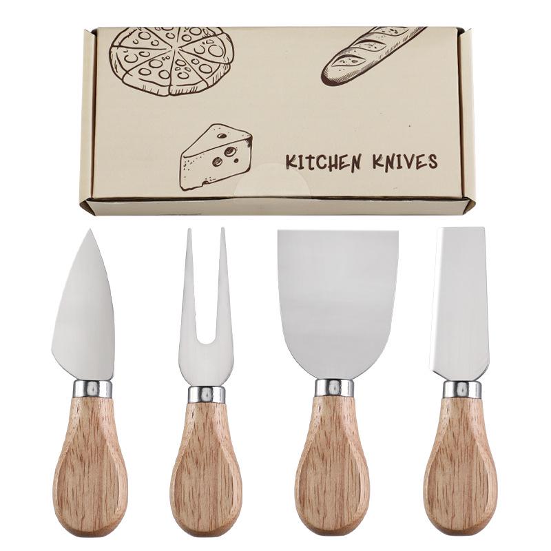 Käsemesser-Set aus Edelstahl mit Griff aus Gummibaumholz: Enthält Messer, Gabel, Pfannenwender und Buttercrememesser.