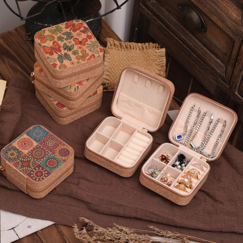 Cork Jewelry Box Vintage High-end Portable Small Travel Earrings Necklace Ring Storage Box