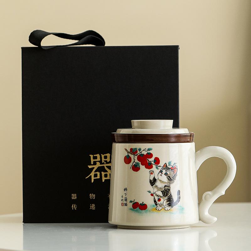 Cute ceramic cute cat tea cup personal use home office with lid filter tea separation water cup mark