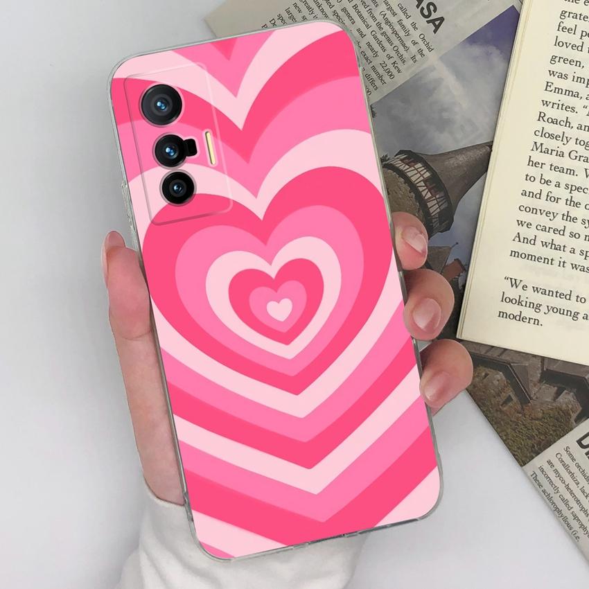 Casing For Vivo X70 X80 X60 Pro Plus X200S X21 X27 Beautiful Pink Heartshaped Pattern Phone Case Transparent Silicone Anti Slip Shell For Vivo Housing