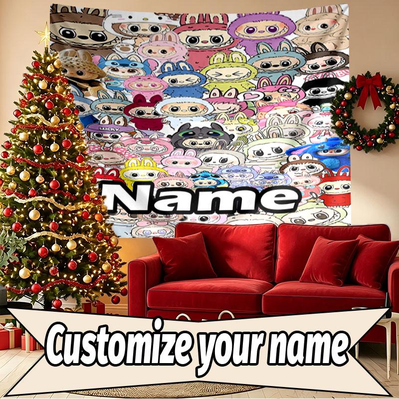 Custom Name Personalized Labubu Print Tapestry, Wall Art Decor, Bedroom, Dorm, Apartment, LivingRoom, Party Backdrop, Gift for Birthday