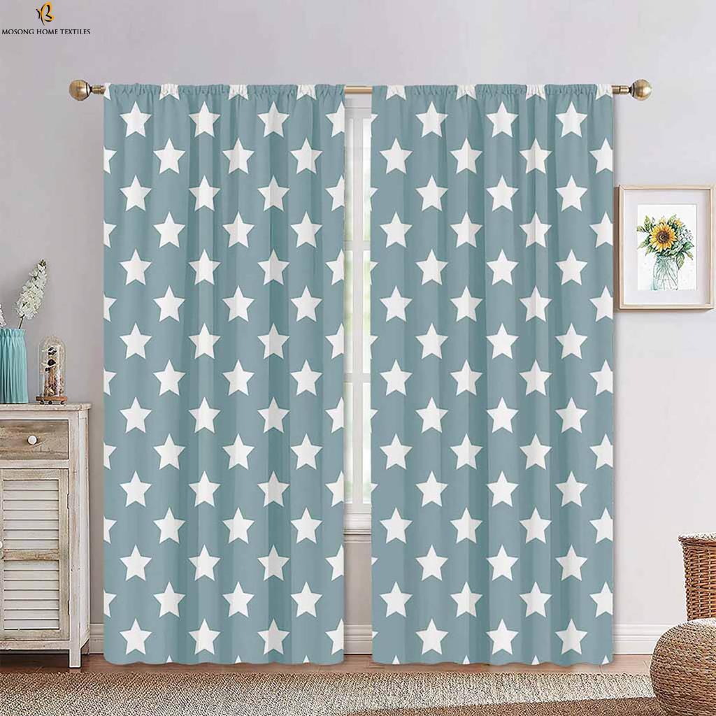 Cute Cartoon Stars, Moon And Clouds Printed Curtains Blue And White Color Matching Children's Room Decorative Curtains 2 Pieces