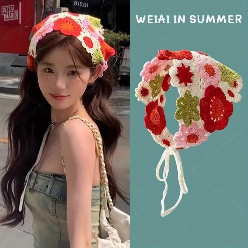 1Pc Knitted Floral Women's Hair Band Colorful Crocheted Hair Accessory with Fringe Tail,Perfect for,Vacation,Casual Wear
