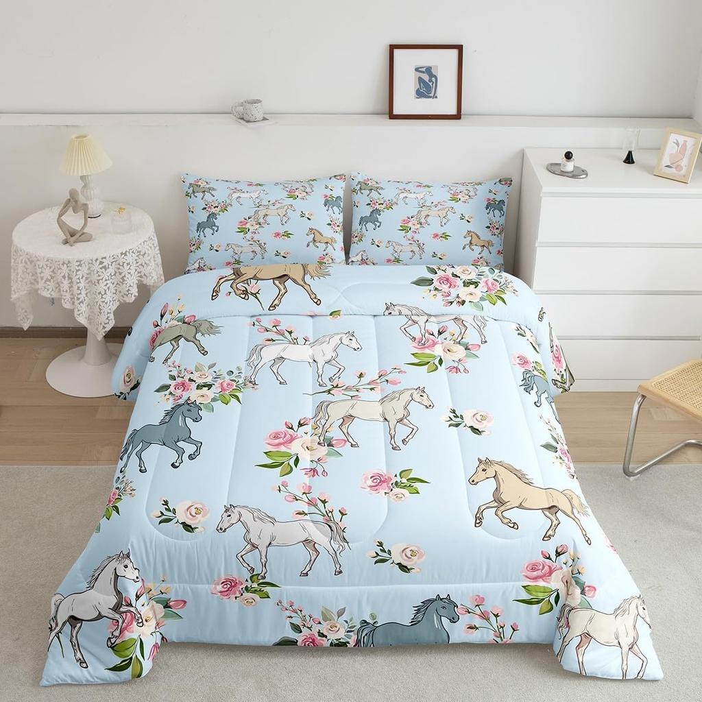 Erosebridal Horse Quilt Twin Size, Farmhouse Western Cowboy Cowgirls Duvet Insert for Kids Boys Girls Teens, Cartoon Kawaii Horse Bedding Se
