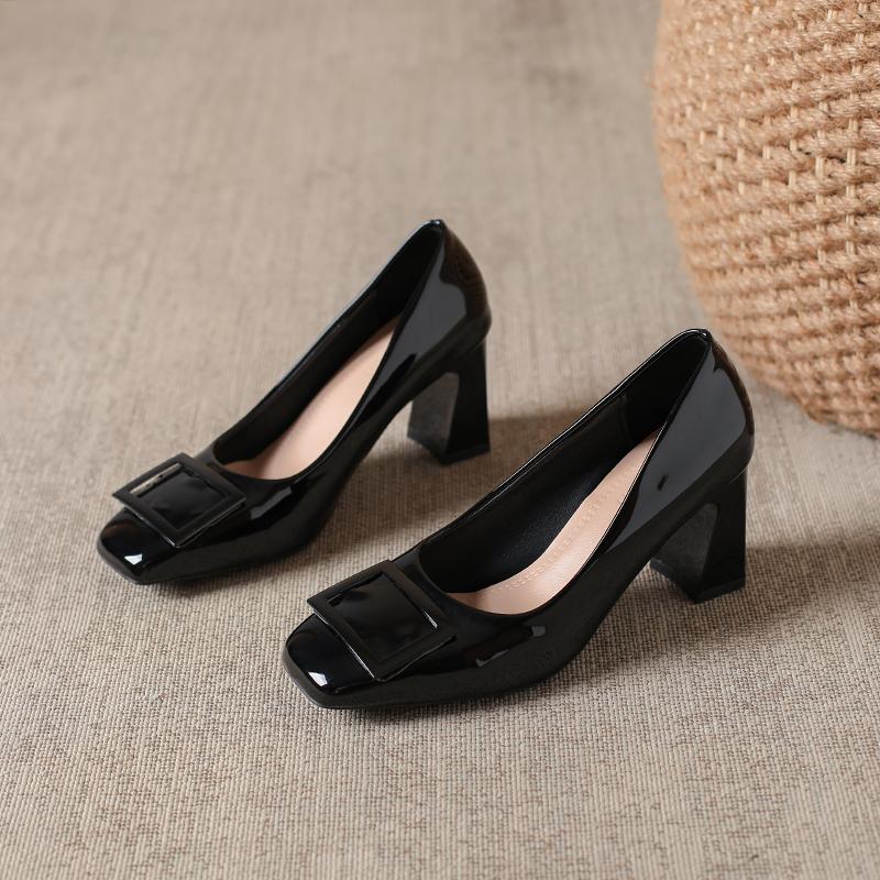 Metal Buckle Square Toe Patent Leather High Heels Autumn New Slip-on Non-Slip Wear-Resistant Block Heel Single