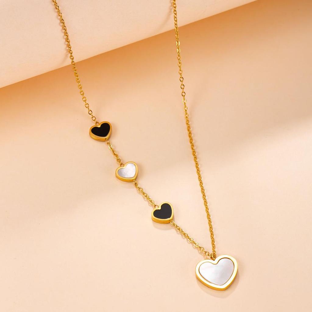 European Stainless Steel Heart Mother-of-Pearl Pendant Necklace with Versatile Tassel Clavicle Chain