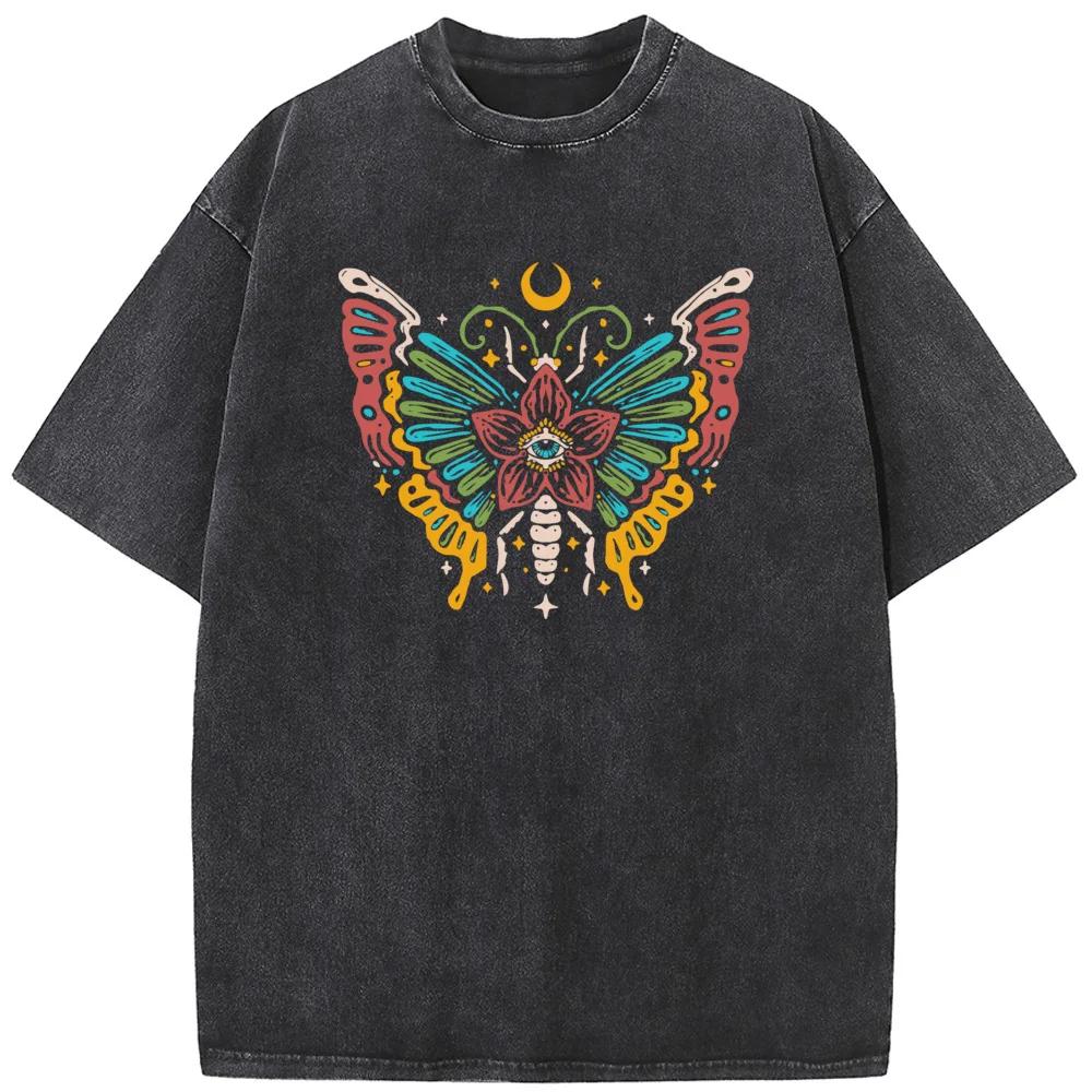 Butterfly Moon Women's Short-Sleeved T-shirt Bleached Tshirt Fashion Loose Washed T-Shirt Cotton Bleach T shirt