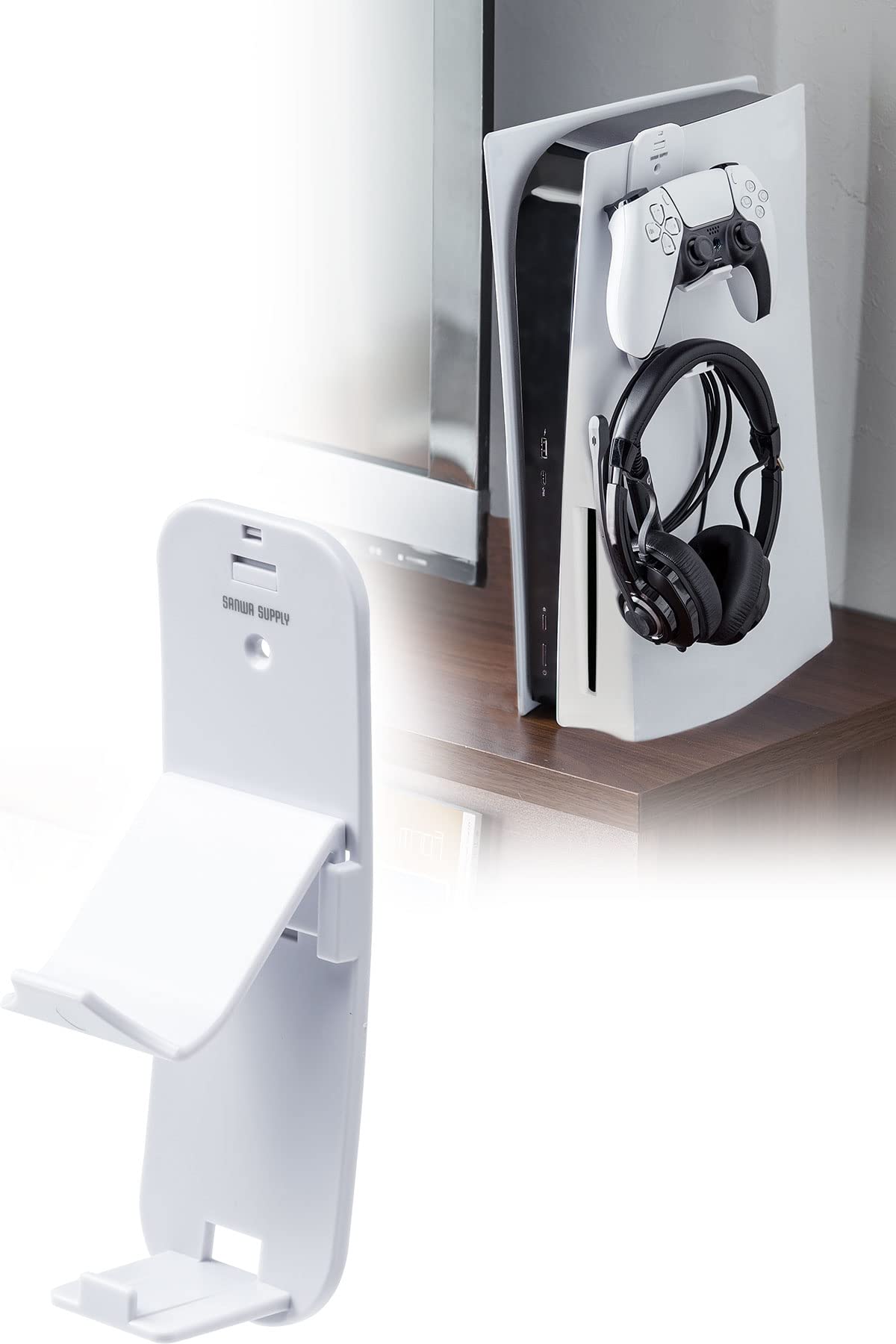 

Sanwa Direct Подставка для контроллера PS5/Подставка для наушников, Простое крепление, Двусторонняя лента в комплекте, 200-GAP013W