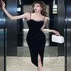French Light Luxury Velvet Dress for Women's Autumn and Winter with Flash Diamonds, Slim Suspender Skirt, Sexy Pure Split Hip Skirt