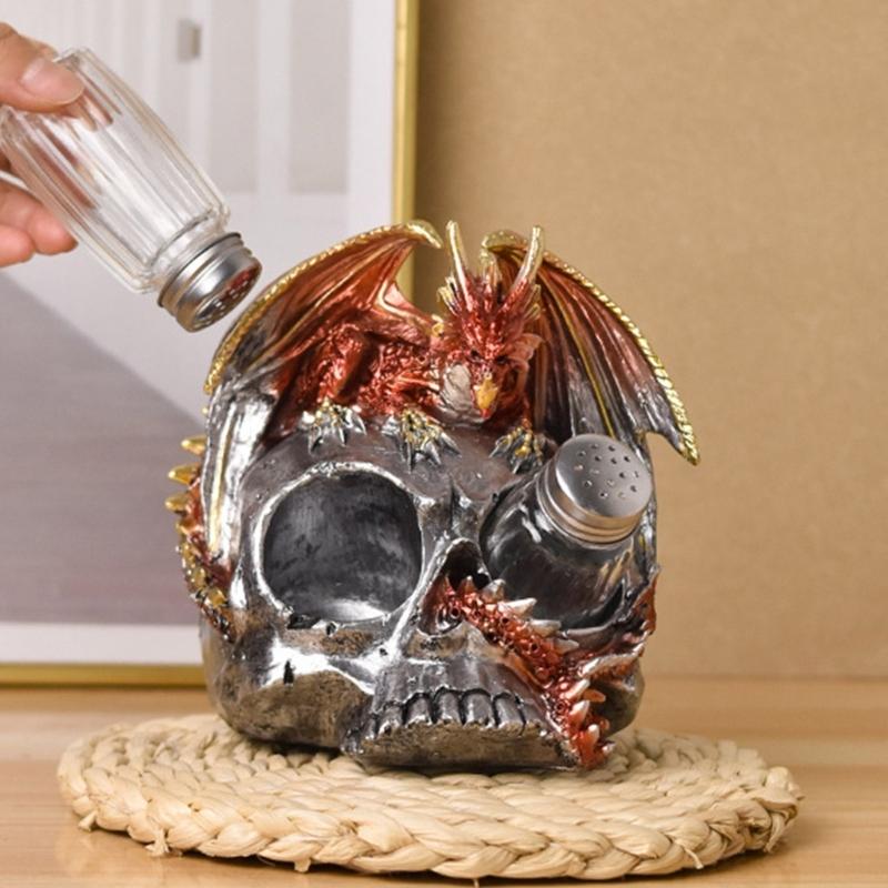Scary Dragon Skull Statue Resins Figurine with Spices Shaker Holder Rack for Halloween Party Kitchen Restaurant Decors