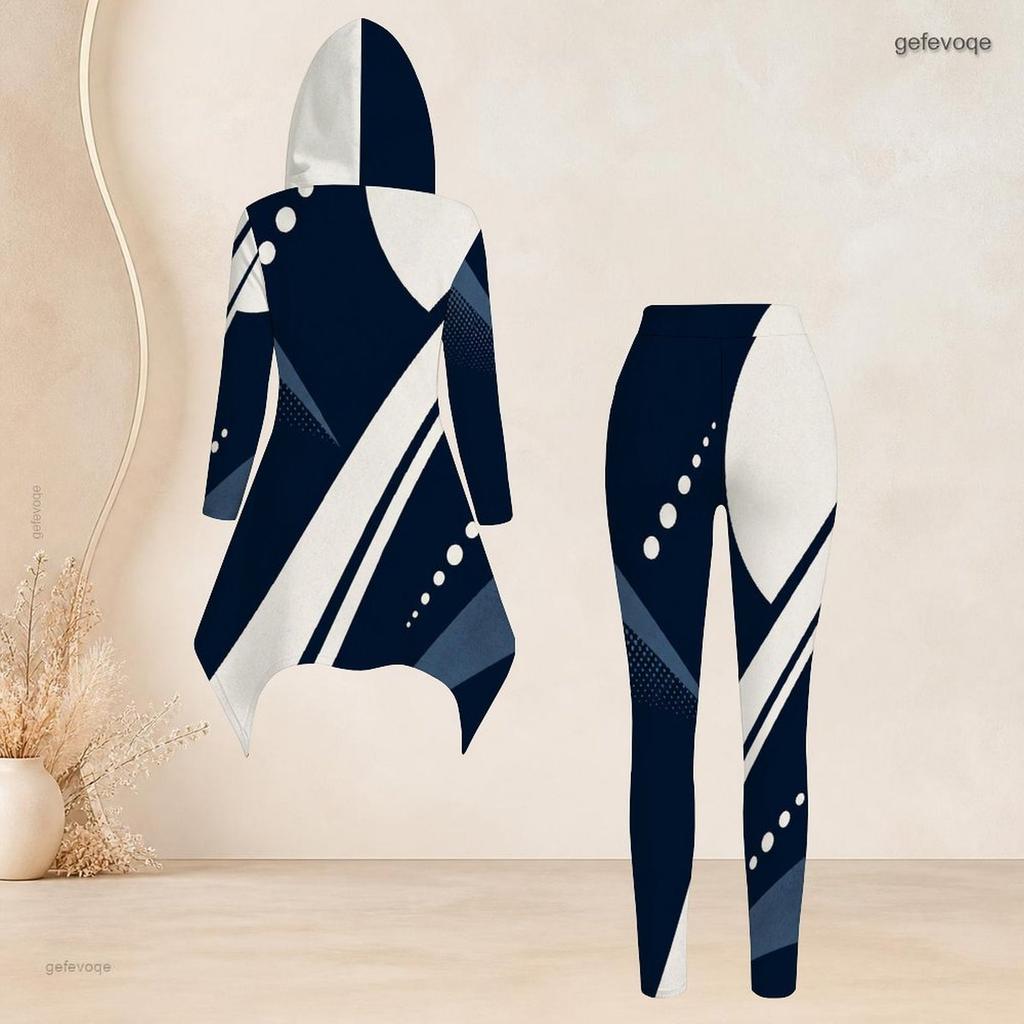 Women Plus Size Hooded Long Sleeve Radial Print High Low Top And Fitted Pants Two Piece Set