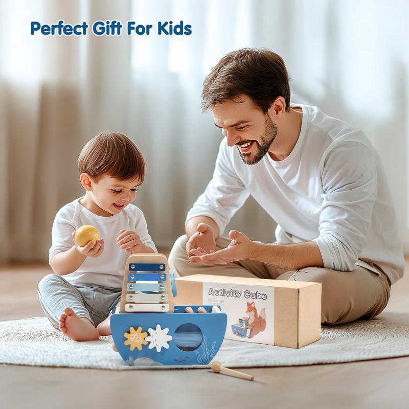 Baby Wooden Montessori Toys Cartoon Wooden Ship Multi-function Game Music Percussion Toy Sensory Educational Toys for  Newborns