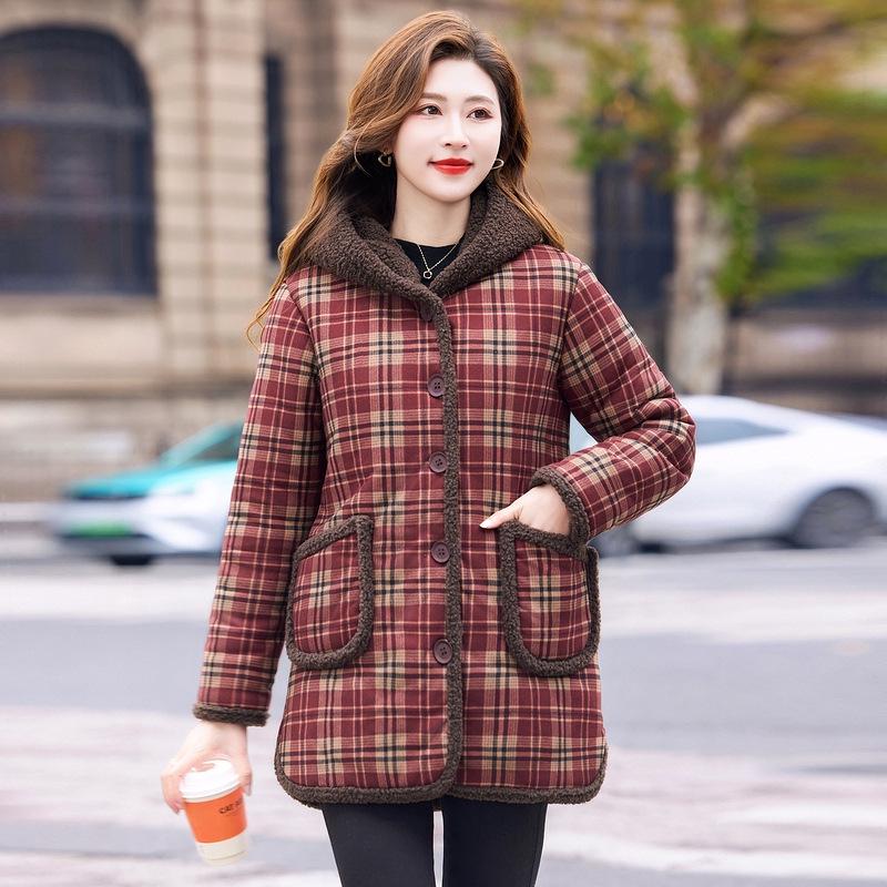 Mom's Winter Velvet-Lined Plaid Jacket - Warm, Cotton Padded, Plus Size for Middle-Aged & Elderly Women