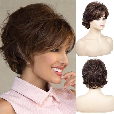 Brown Curly Wig with Bangs Synthetic Natural Short Wigs for Women Heat Resistant Fiber Costume Wigs Cosplay Mommy Wigs Daily Use