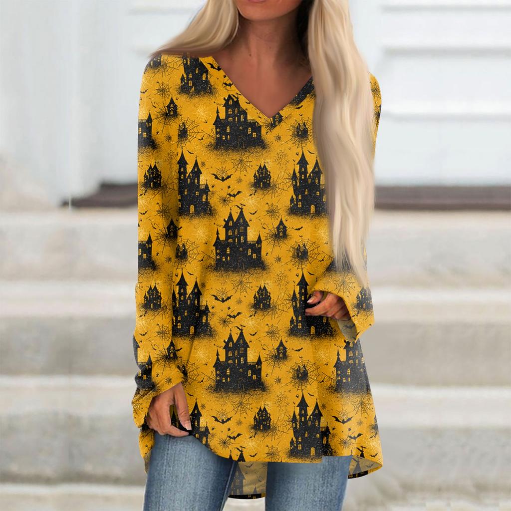 Damen Modisches Und Lässiges Halloween Bedrucktes T-Shirt Langärmlig V-Ausschnitt Mittellanges Oberteil