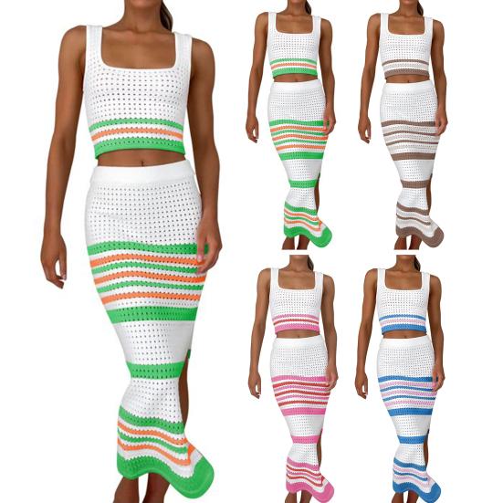 Two Piece Skirt Set for Women Striped Bodycon Slit Midi Skirt And Sleeveless Crop