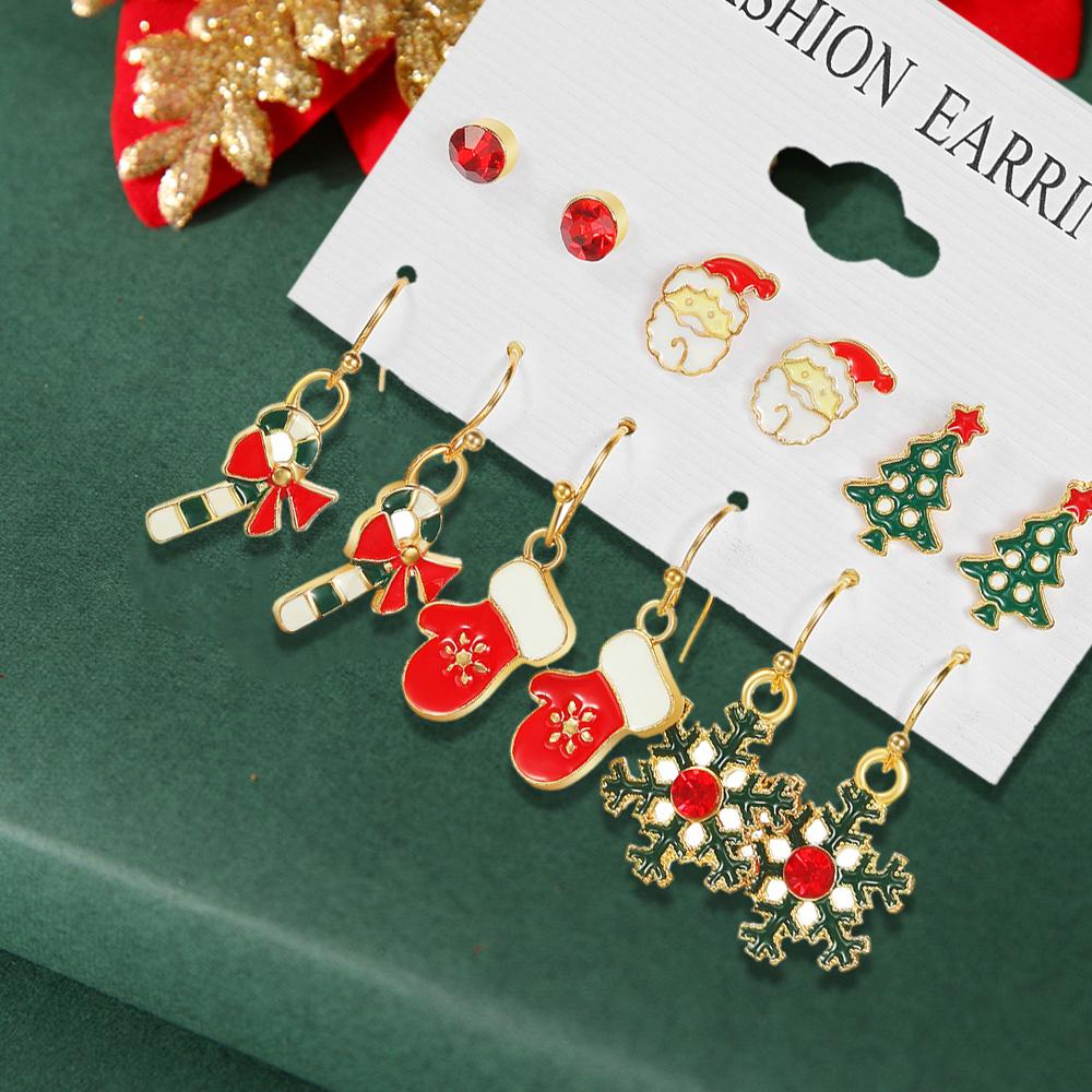 6 Pairs Of Ladies' Christmas Earrings, Santa Claus Christmas Tree Gloves, Fashionable Cartoon Cute Decorations With Patterns