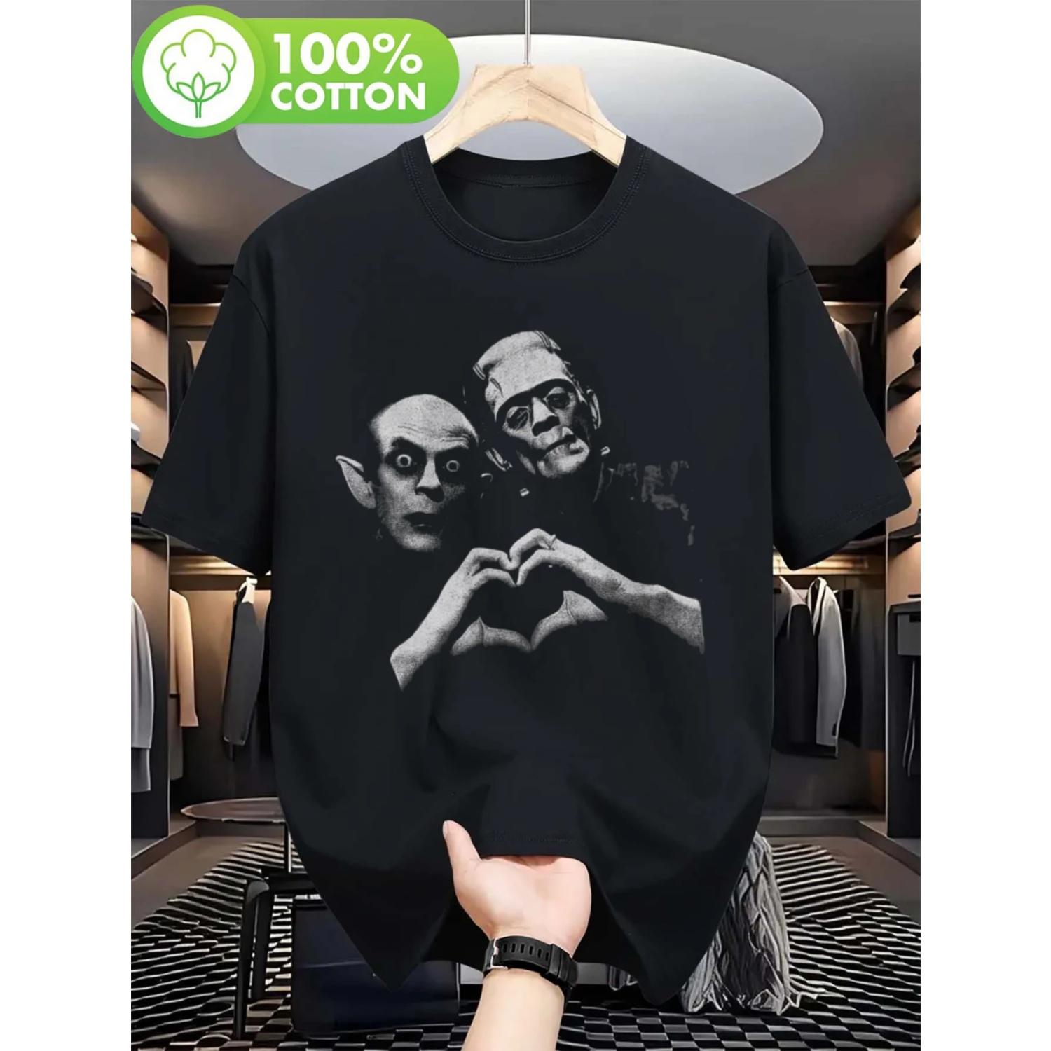 Retro Dracula and Frankenstein Monster T-shirt - Classic Horror Movie Logo, Gothic Vampire and Frankenstein Creation Design S