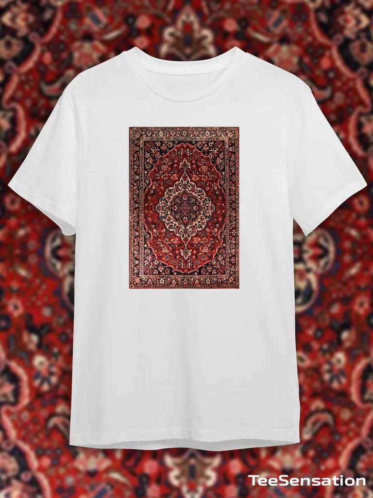 TeeSensation White Crew Neck Short Sleeve T-Shirt with Persian Oriental Carpet Rug Pattern Print