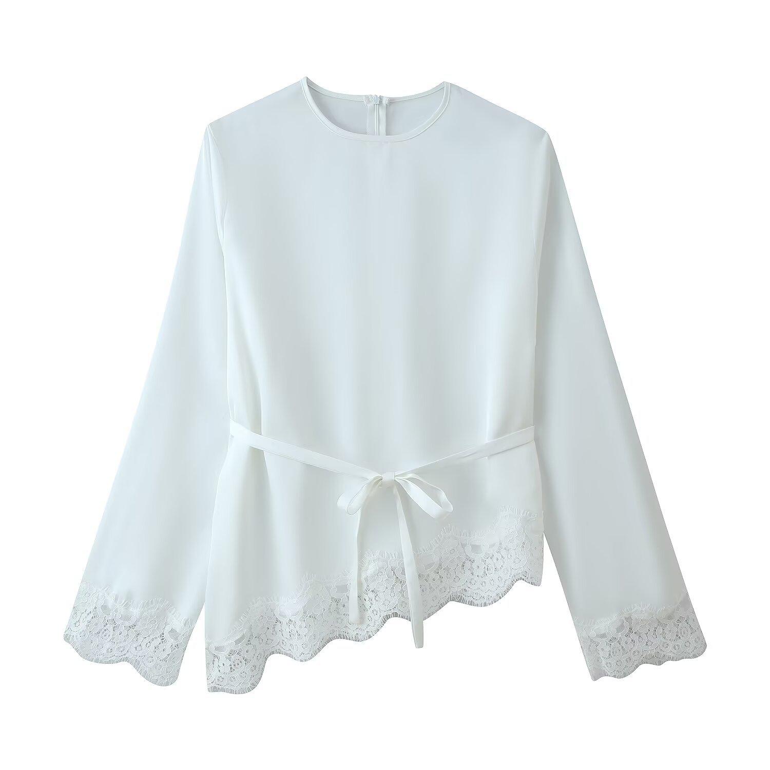European and American women s clothing popular fashion casual lace splicing satin long-sleeved top S белый