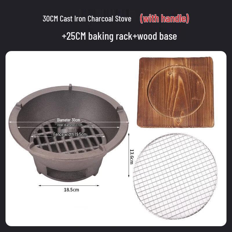 Cast Iron Charcoal Stove with Grill and Wooden Base
