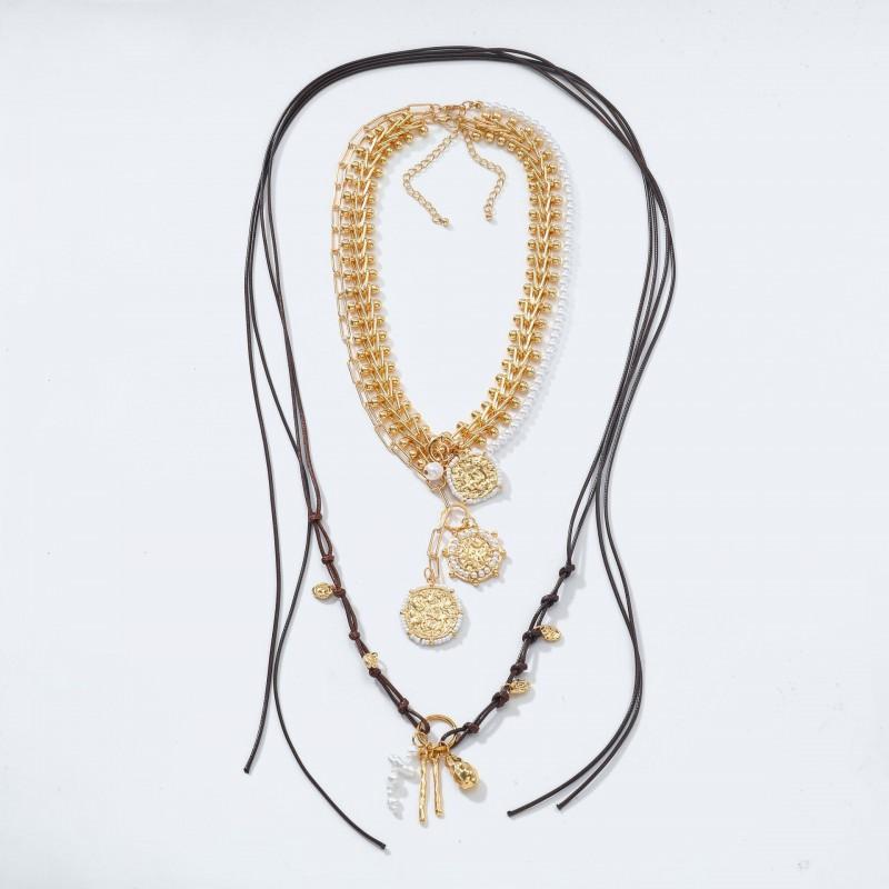 Handmade Vintage Geometric Layered Pendant Necklace Women Zinc Alloy Gold Tone PearlStyle Statement Jewelry