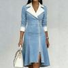 New Arrival Women's Lapel Long Sleeve Zip Denim Patchwork Midi Skirt Casual Fall Spring Womens Denim Mid-Length Dress