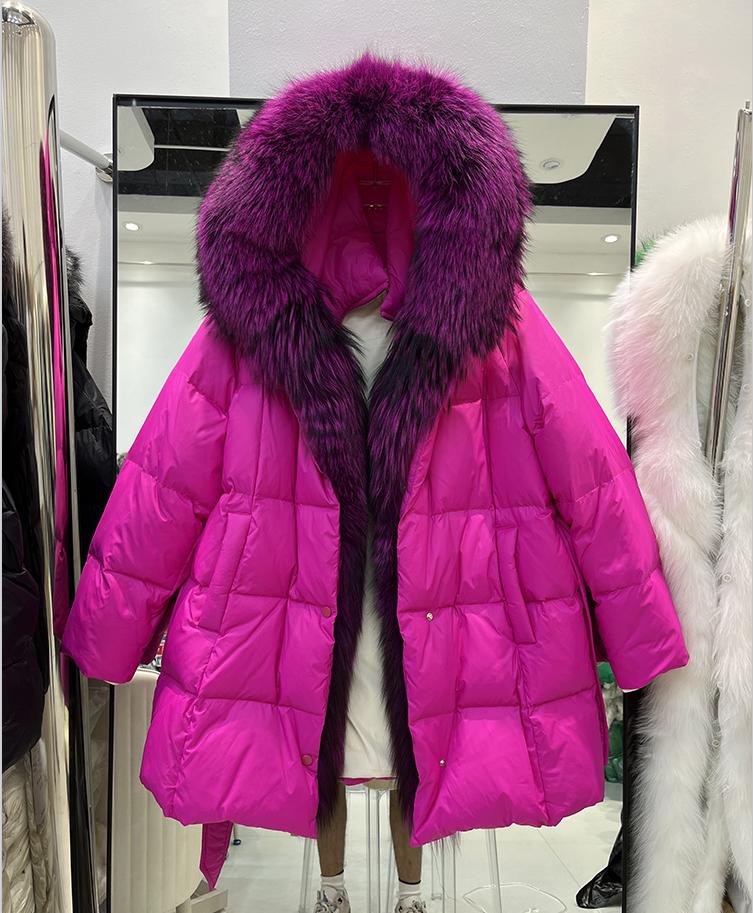 European winter new fur fox fur collar down jacket women's medium and long lace-up waist thickened coat