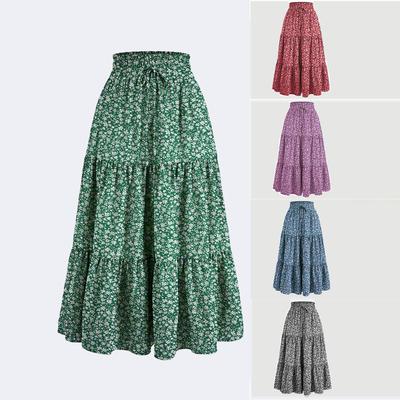 Women'S Boho Vintage Floral Print Maxi Skirt Elastic High Waist Pleated Flowy A Line Long Skirts Toddler Fall Falda Short