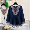 Loose Short Sleeve T Shirt Lace-up Tassel Ethnic Style Tops Fashion Bohemian Style T-shirt  Summer