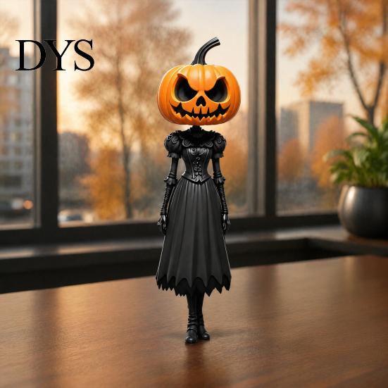 Spooky Holiday Home Accents Halloween Pumpkin Lady Resin Figurine, Witch Girl Statue with Head, Trick or Treat Scene Displays Hand-Painted Fall