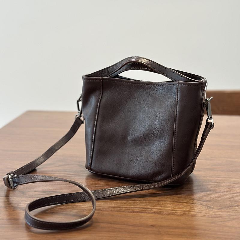 Johnature Genuine Leather Bucket Bag Casual Solid Color Women's Handbag Versatile Shoulder Crossbody Bag
