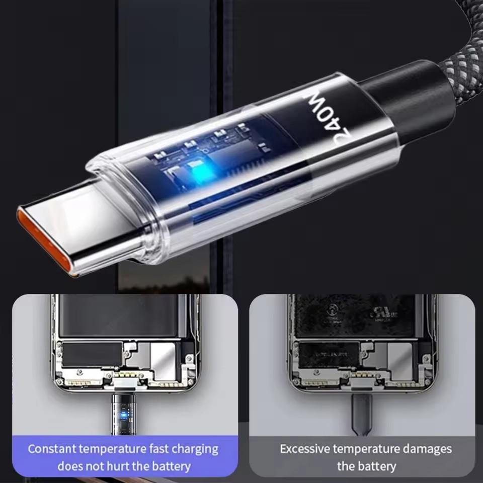 240W Super Quick Charging Nylon Cables USB Type C Transparent LED Display Data Cord USB-C Wire for Android Samsung Xiaomi