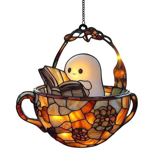 Halloween Acrylic Suncatcher Adorable Ghost Reading Book Pendant Black Cat Teacup Spooky Window Hanging Decoration for Home Parties Festivals