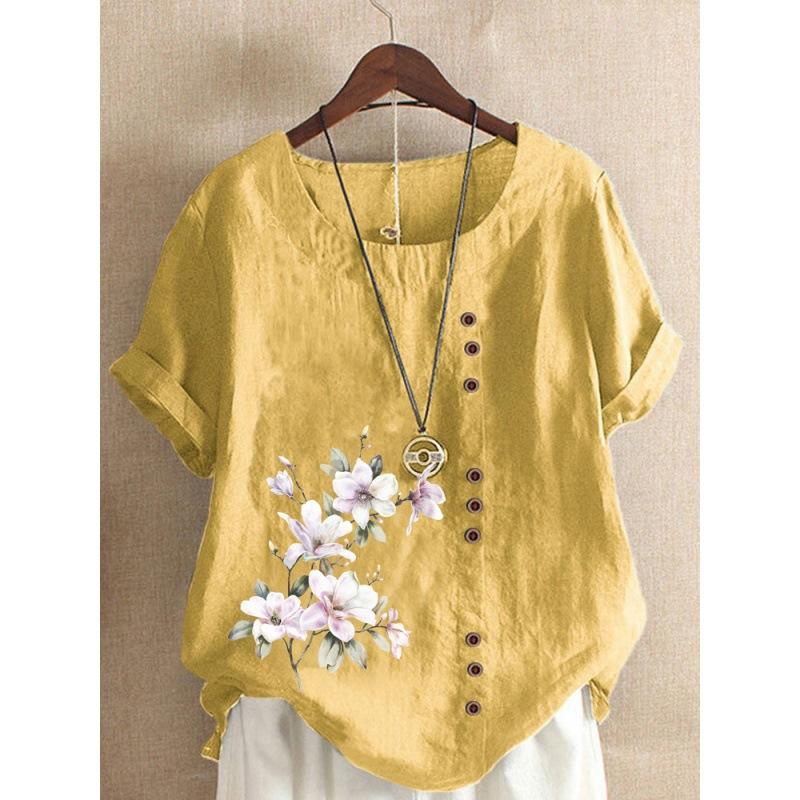 Autumn Vintage Cotton and Linen Printed Loose Casual Shirt with Short Sleeves for Women