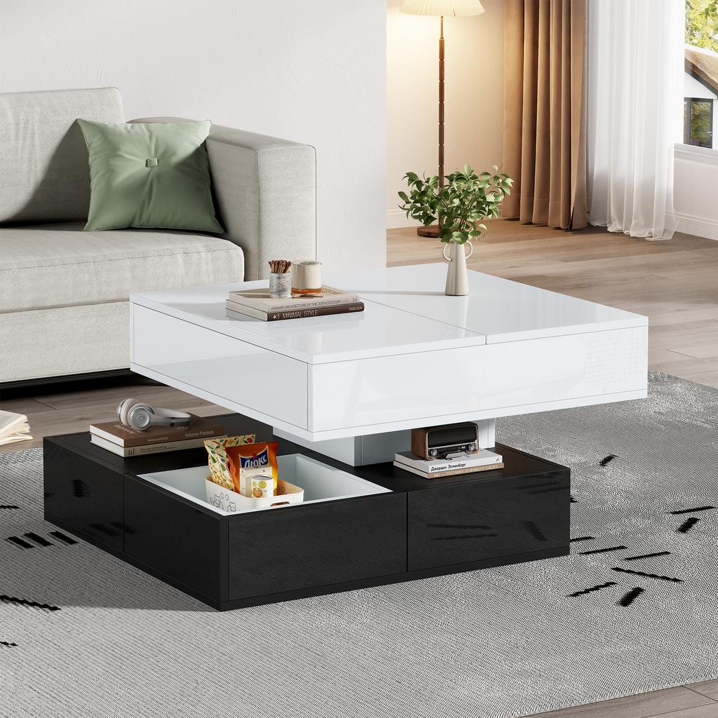 70*70*40cm Coffee Table with 360 degrees Rotating Tabletop, Double-Layer Living Room Table with 3 Drawers, Liftable Sofa Table, White+Black
