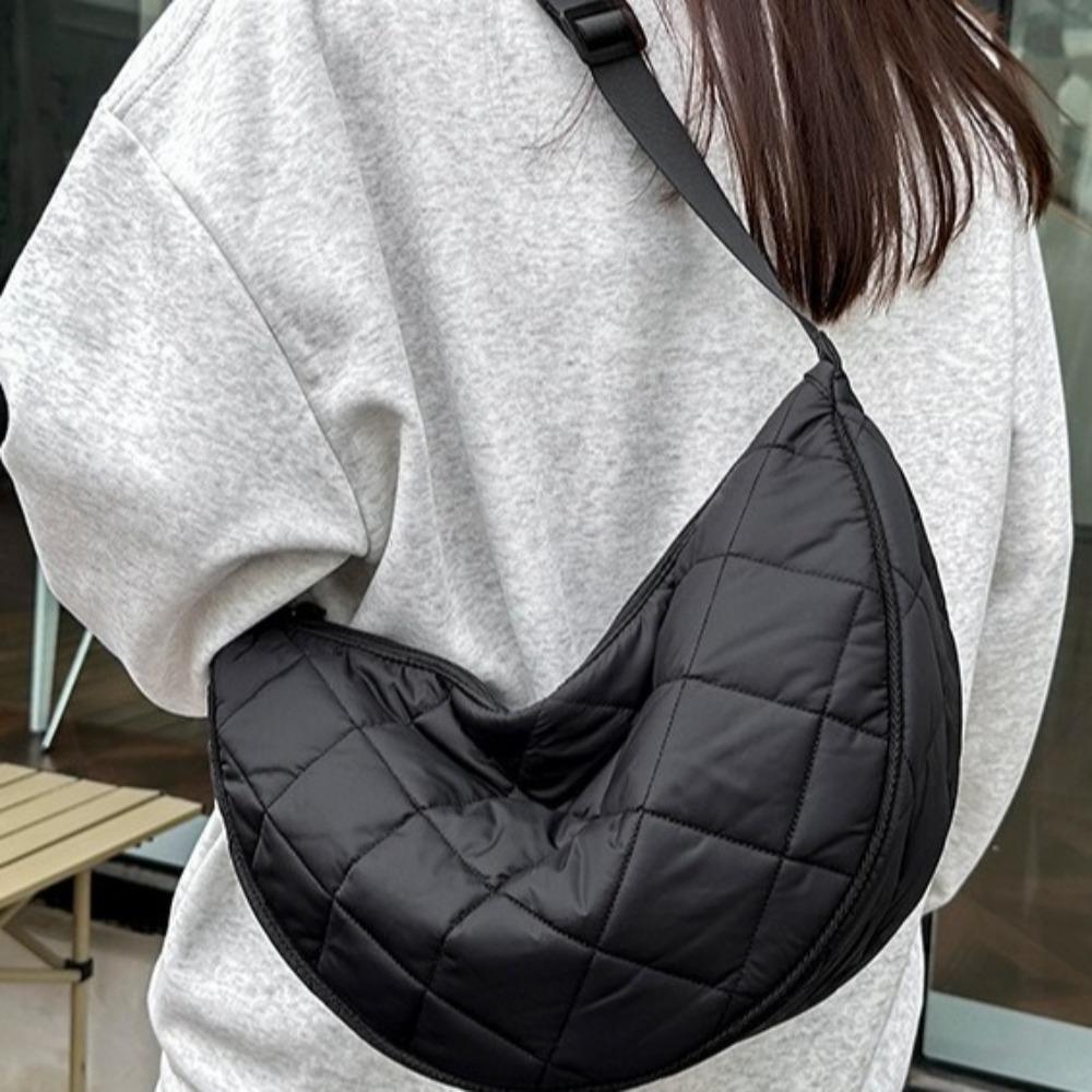 Quilted Half Moon Bag Solid Color Nylon Shoulder Bag Casual Plaid Crossbody Bag  Daily