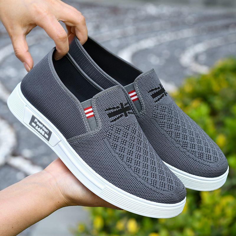 Old Beijing Cloth Shoes for Men, Breathable Fly Woven Men's Shoes, Soft Soled Anti Slip Driving Shoes, One Foot Lazy Shoes