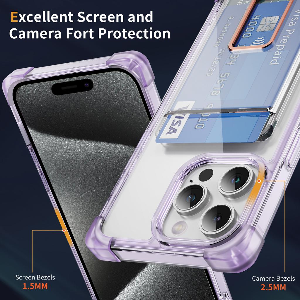 For iPhone 15 Pro Max Case Reinforced Corners TPU + Acrylic Phone Cover with Kickstand Card Holder