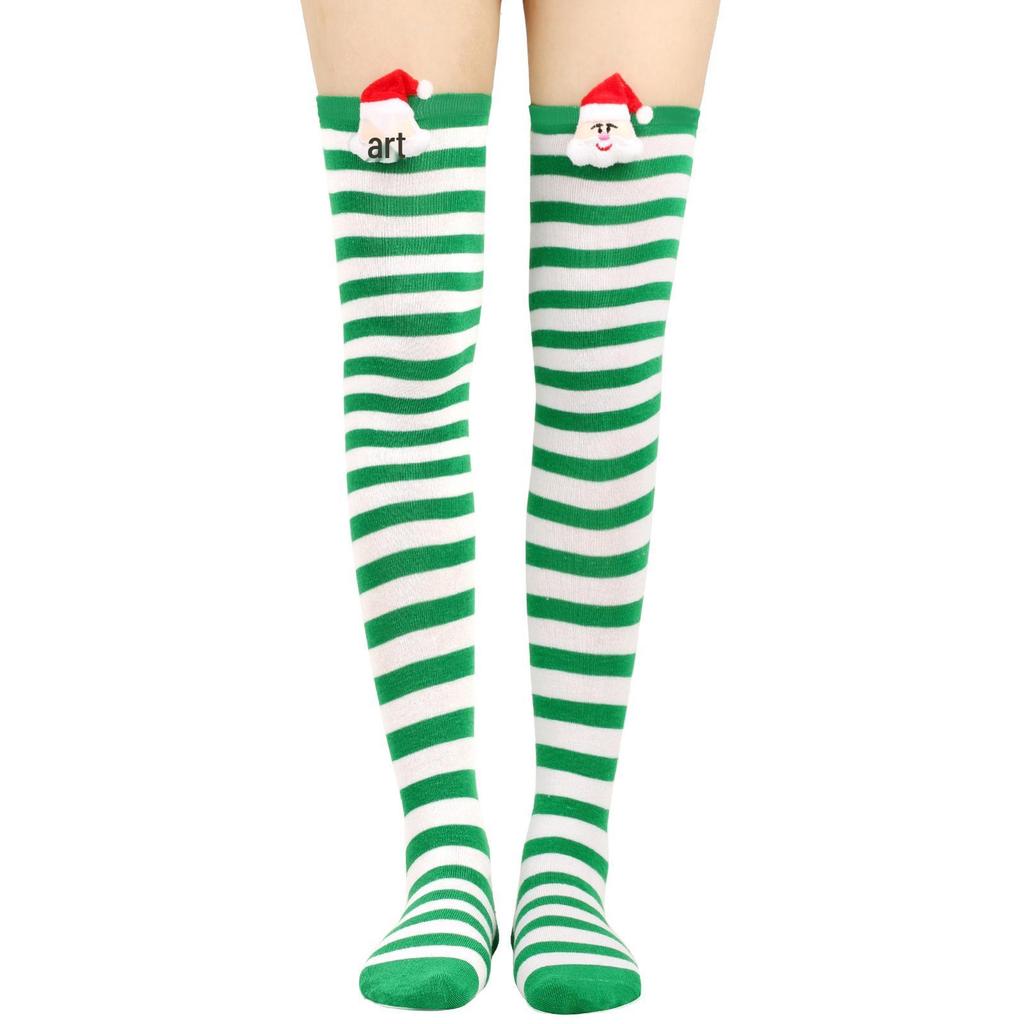 Damen Weihnachten Santa Gestreifte Overknee Lange Socken - Party Doll Design