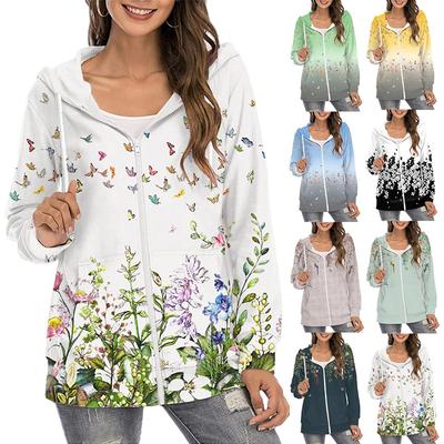 Lente Herfst Dameskleding Vlinder Bedrukt Hoodie Sweatshirt Rits Omlaag Verloopkleur Hoodies Jas voor Dames