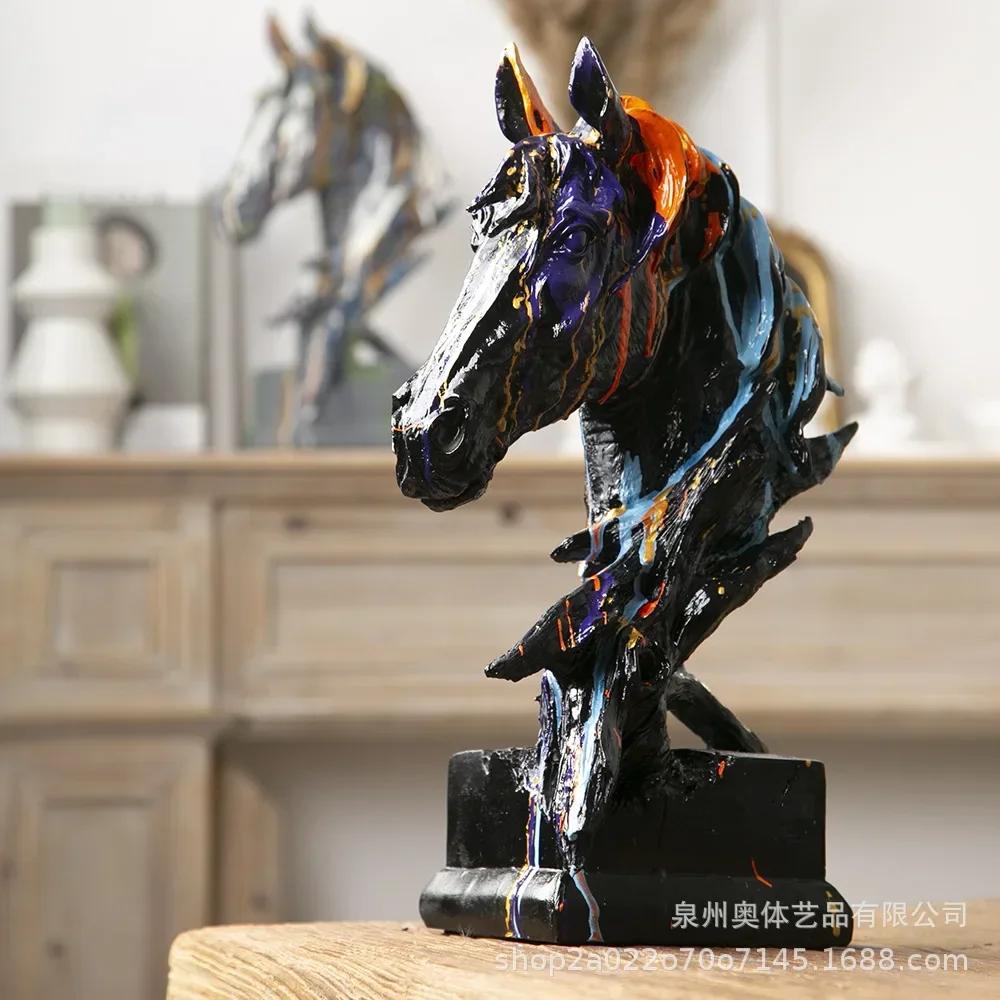Nordic Creative Art Splashing Colorful Big Horse Head Decorative Gifts Light Luxury Living Room TV Cabinet Porch Home Decoration