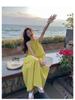 Elegant Yellow Sleeveless Halter Neck A-line Dress - Women's Retro Resort Style.